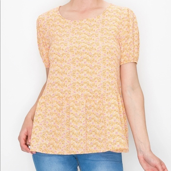 W5 Gold Floral Short Sleeve Babydoll Top with puff Sleeve Size M NWOT - Picture 9 of 9
